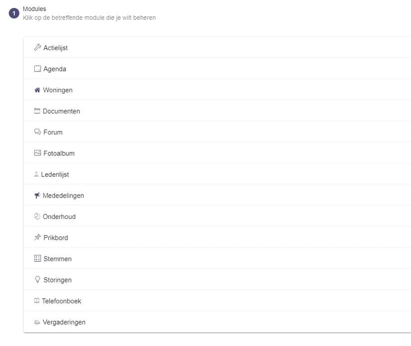 Schermvoorbeeld van module selectie