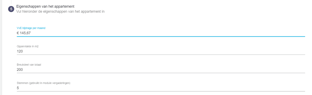 Formulier met appartement eigenschappen