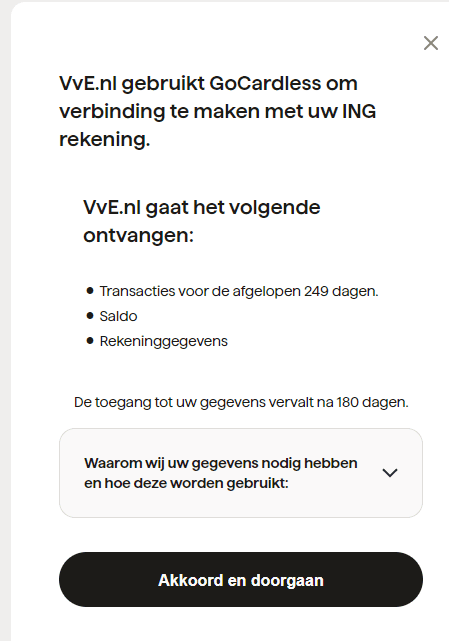 Akkoord scherm voor bankkoppeling