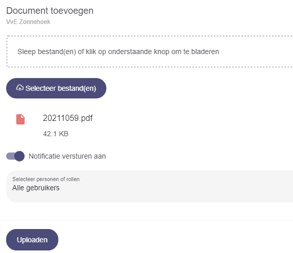 Upload formulier met bestand selectie en notificatie opties