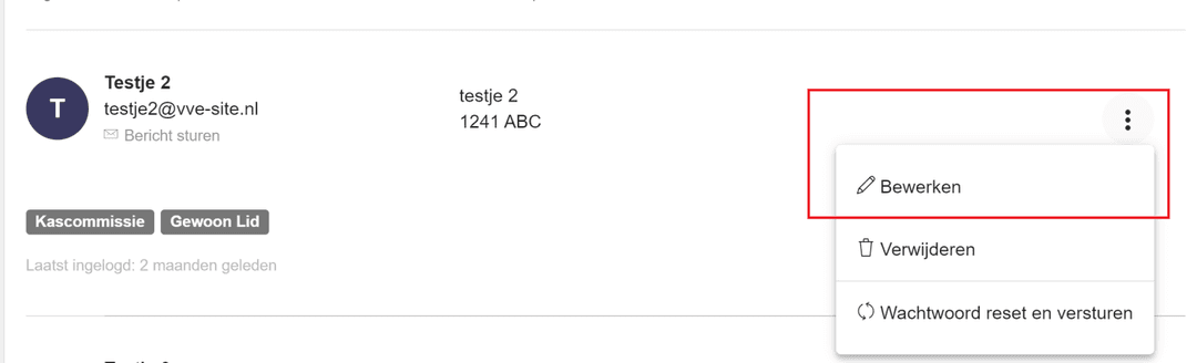 Menu met bewerkingsoptie voor gebruiker