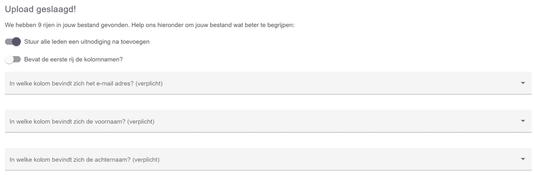 Bevestiging van geslaagde upload met aantal rijen