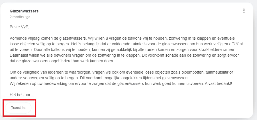 Origineel Nederlands bericht met vertaalknop