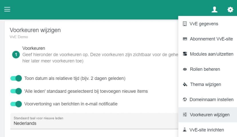Toegang tot voorkeuren wijzigen via tandwiel menu