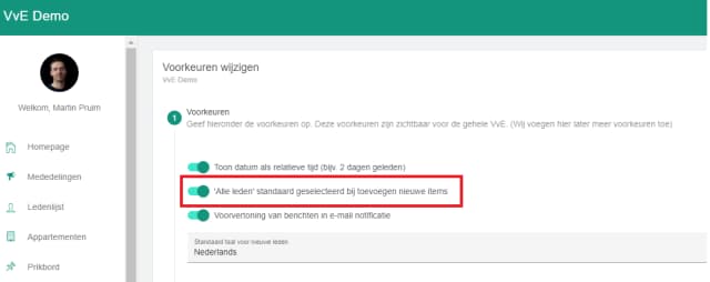 Alle leden standaard geselecteerd ingeschakeld