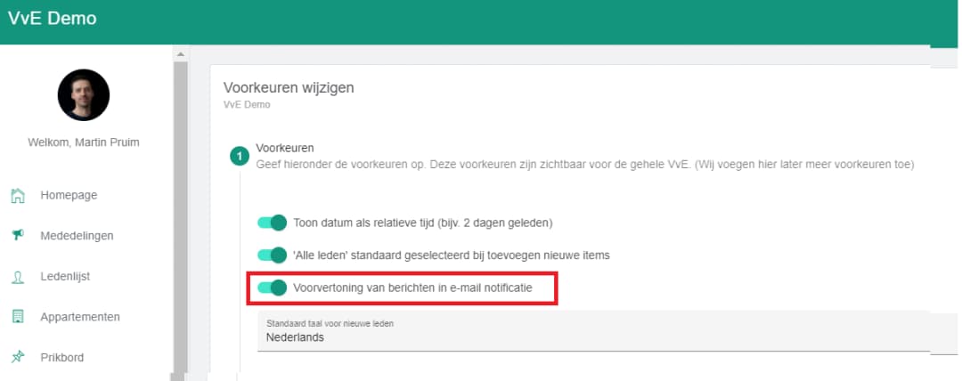 Standaard taal instelling voor nieuwe leden