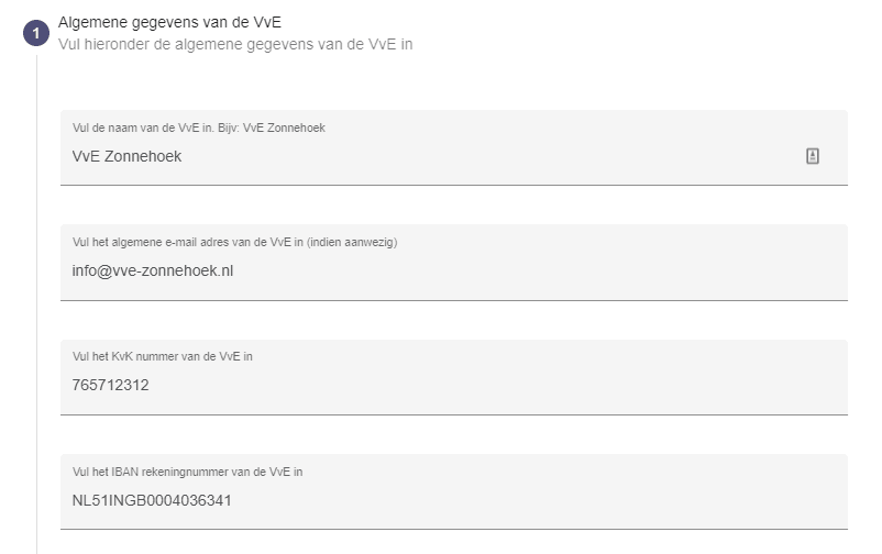 Schermvoorbeeld van algemene VvE gegevens invullen