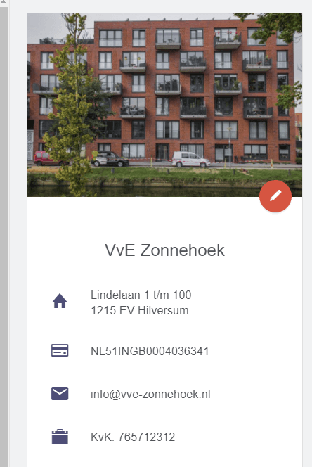 Voorbeeld van VvE gegevens op de homepage