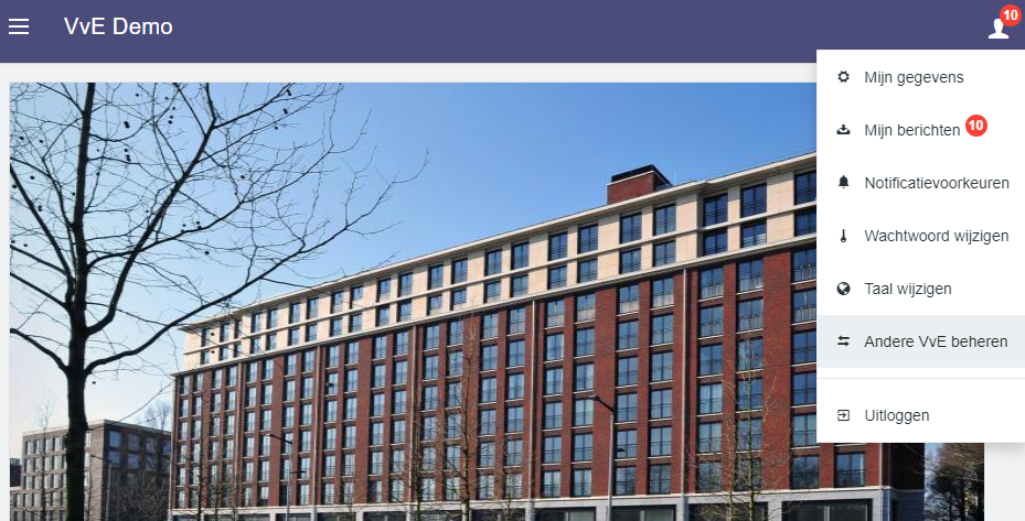 Andere VvE beheren optie in het profiel menu