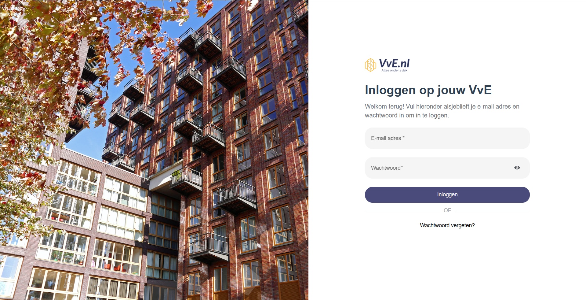VvE inlogscherm