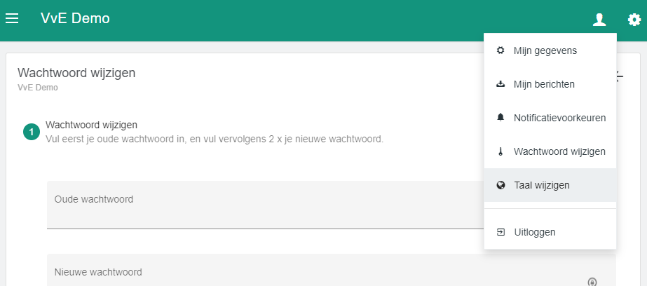 Taal wijzigen optie in het profiel menu