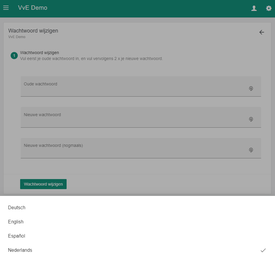 Taal selectie opties onder aan de pagina